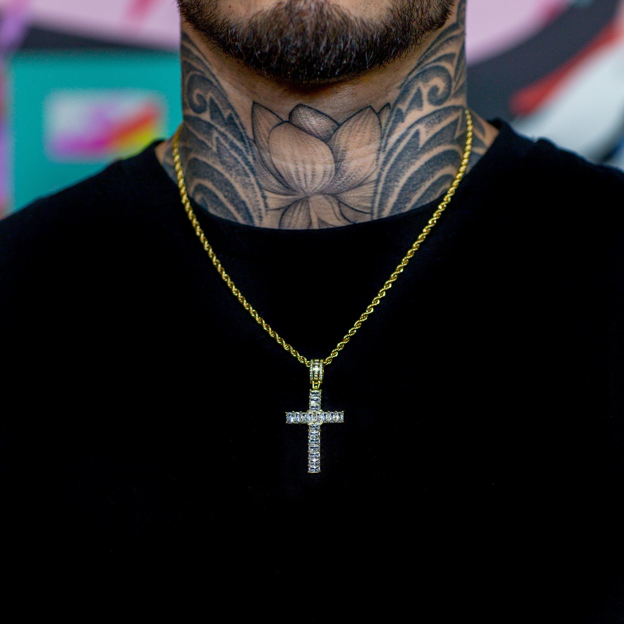 Iced Out Emerald Cross in 18K Yellow Gold