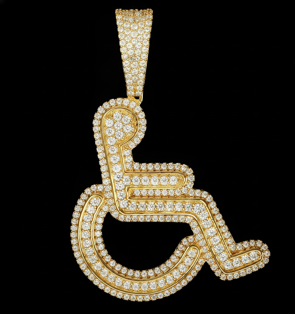 Diamond Wheelchair Pendant in 18K Yellow Gold, hand-set 5A cubic zirconia stones, SKRT