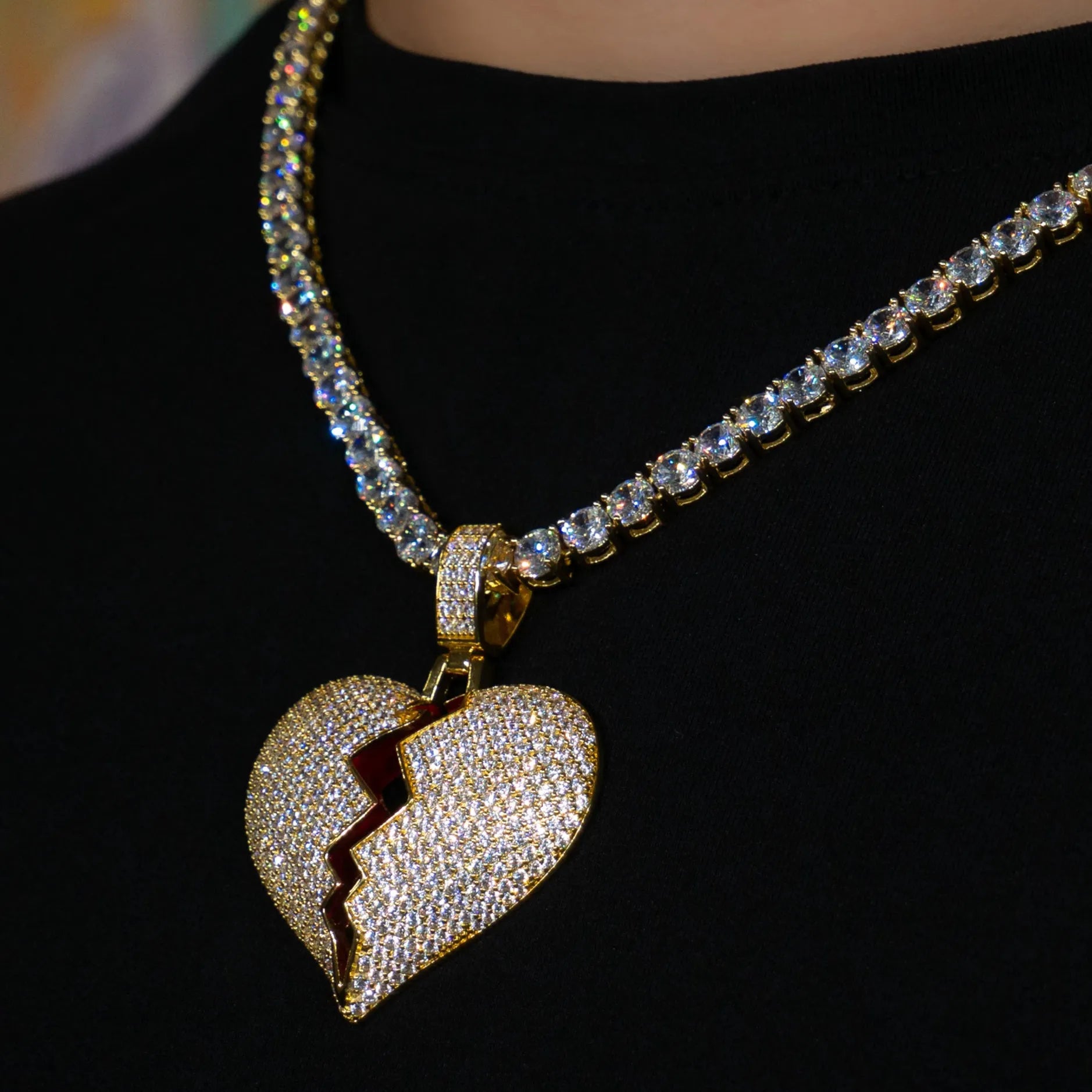 Iced Out Broken Heart In Yellow Gold