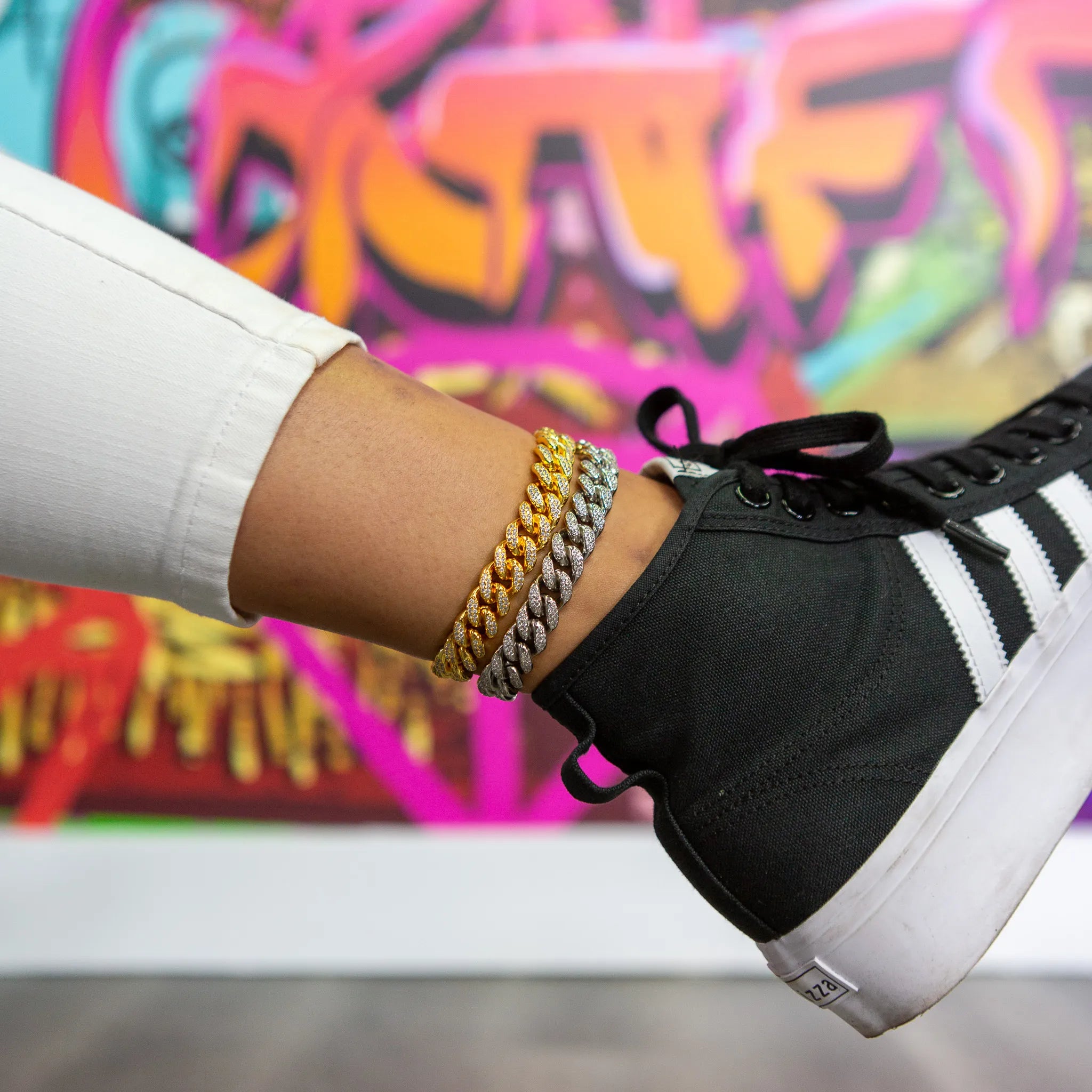 12mm Cuban Link Anklet Set in White & Yellow Gold