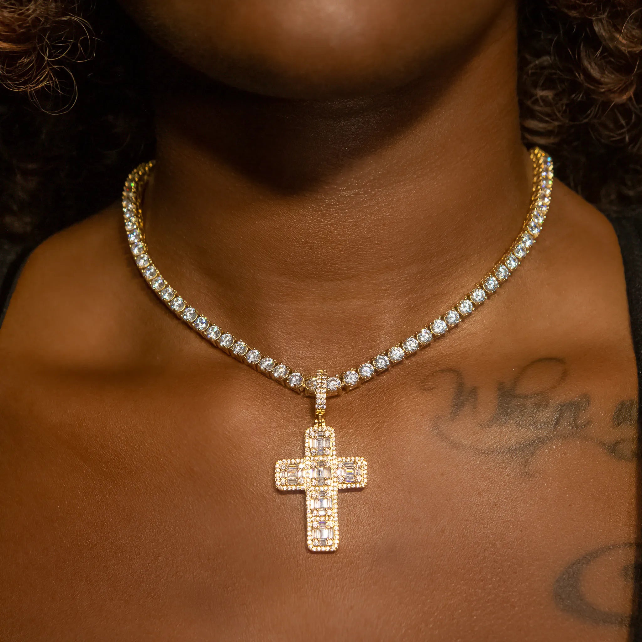 Iced Out Baguette Diamond Cross in Yellow Gold