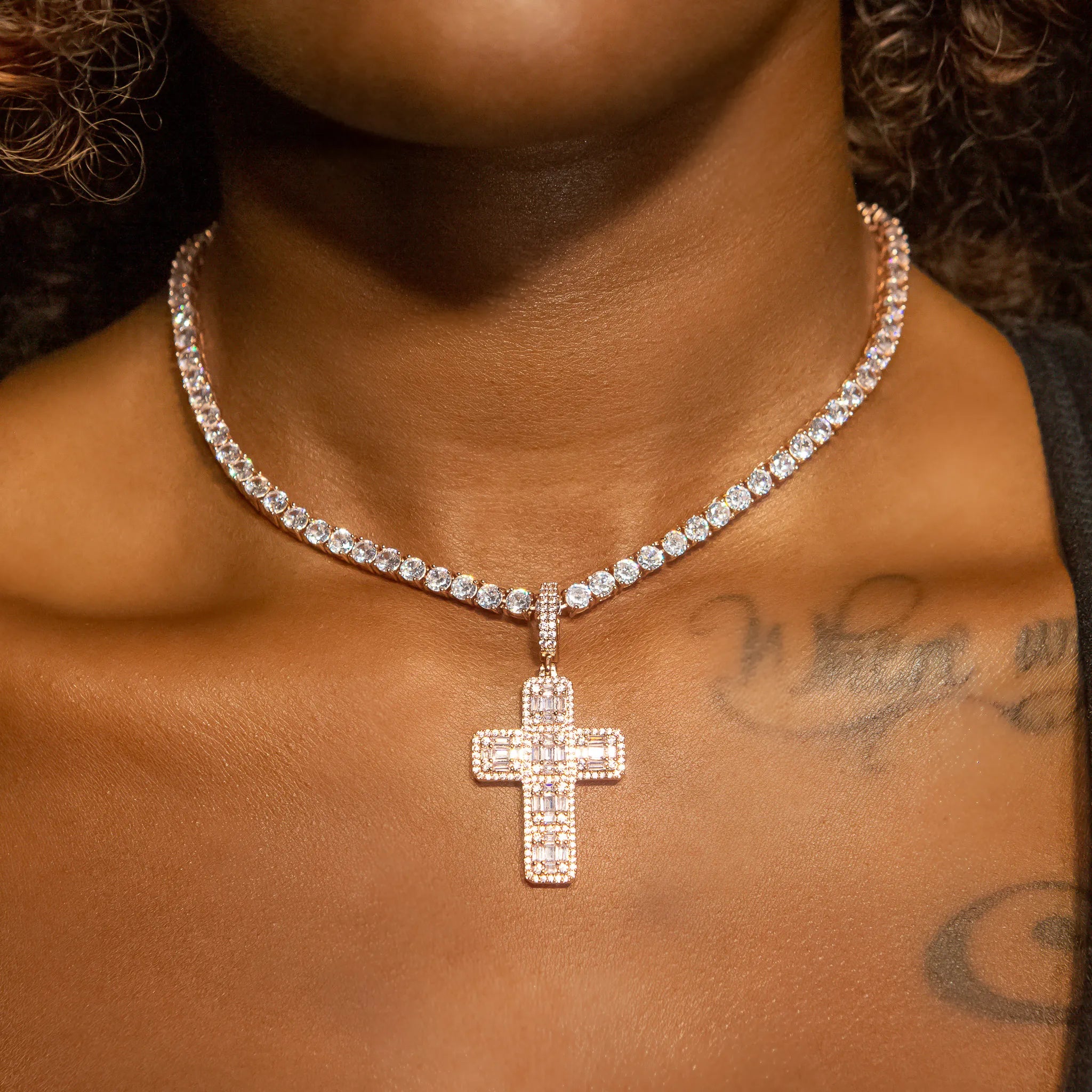 Iced Out Baguette Diamond Cross in Rose Gold