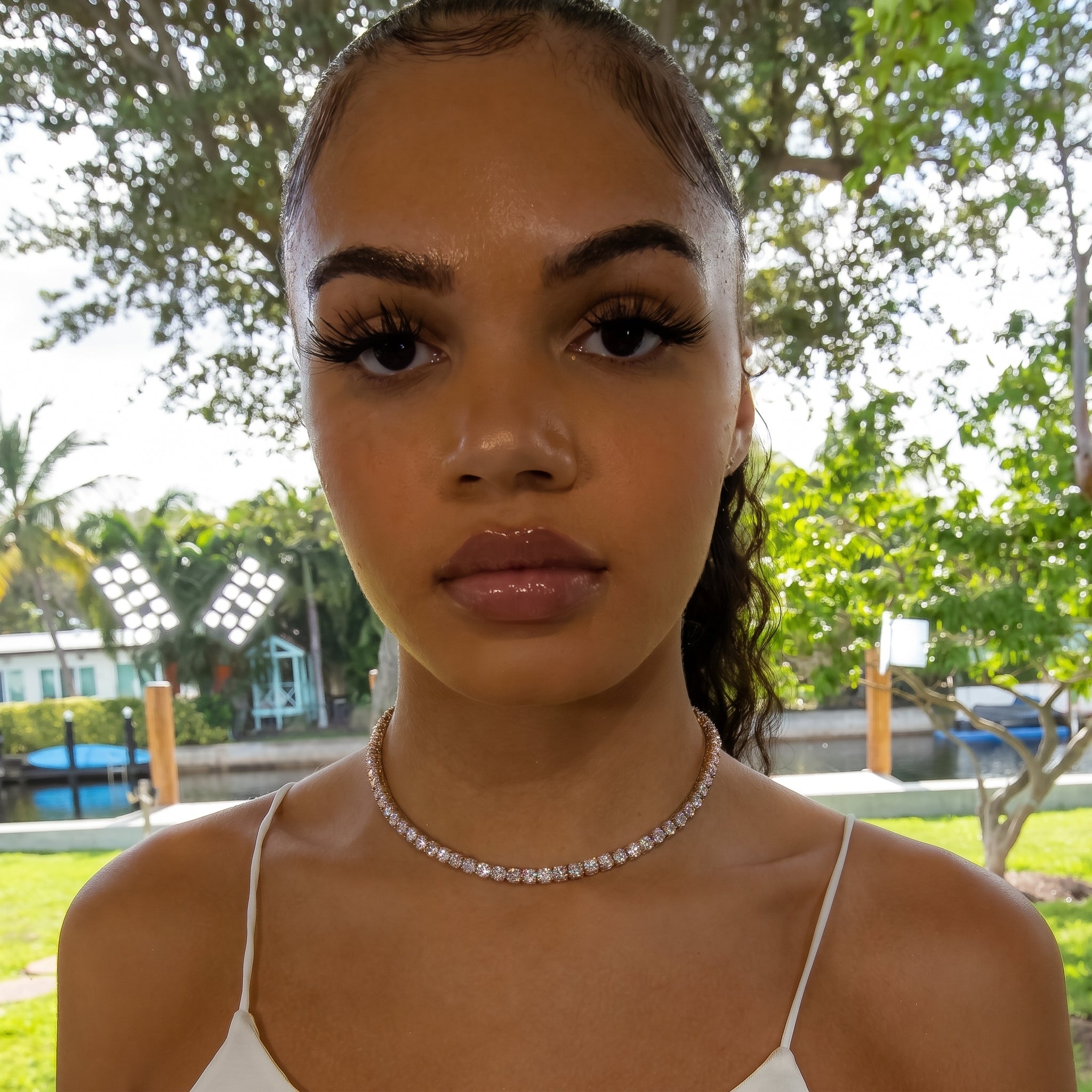 4mm Diamond Tennis Choker/ Necklace - 18K Rose Gold · female-model