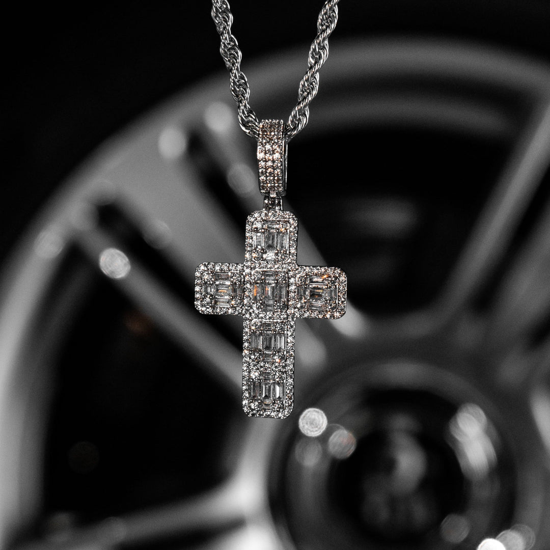 Iced Baguette Diamond Cross in White Gold (view 7 of 7) · female-model