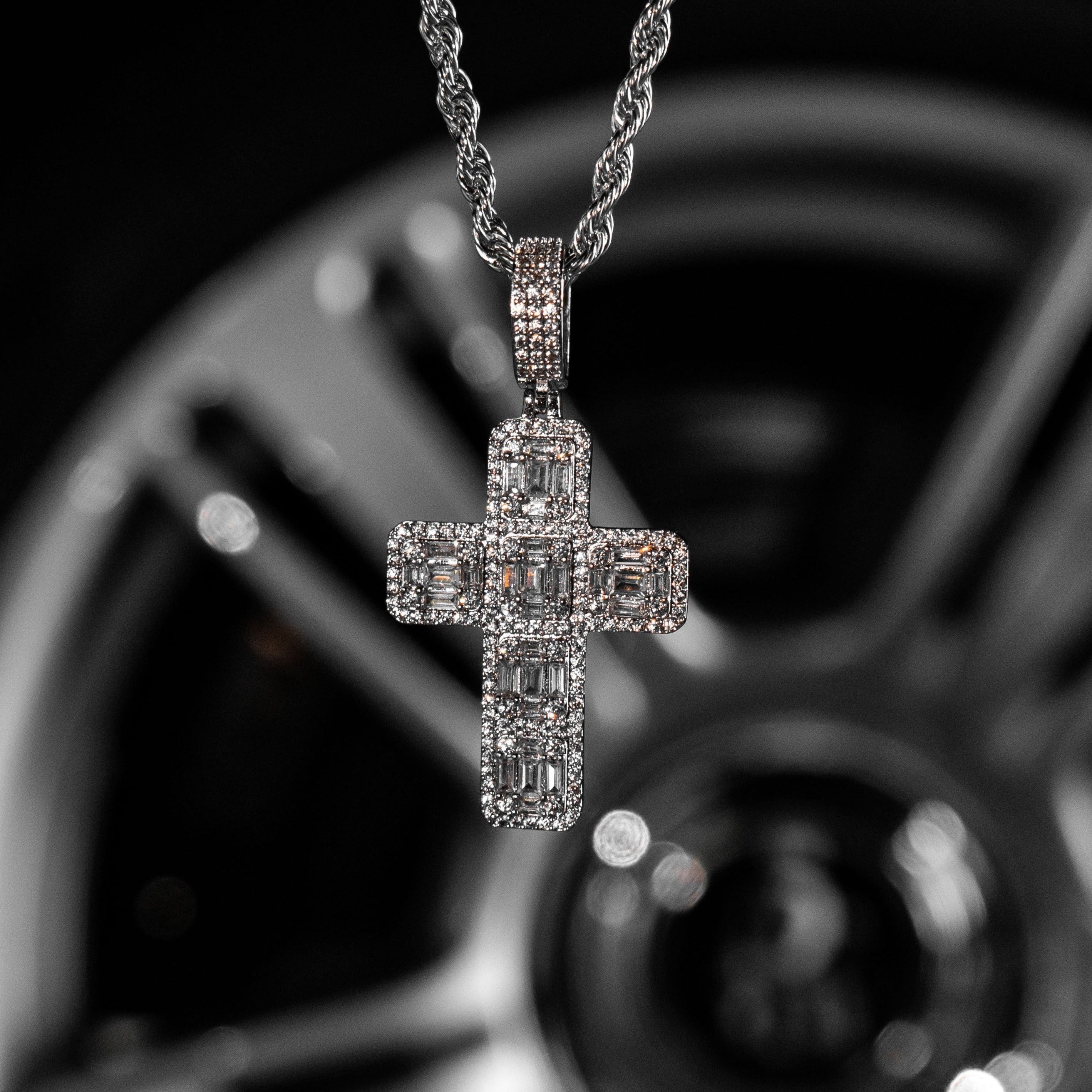 Iced Out Baguette Diamond Cross in White Gold (view 7 of 7) · female-model