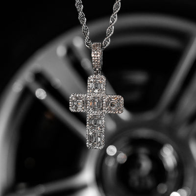 Iced Out Baguette Diamond Cross in White Gold (view 7 of 7) · female-model
