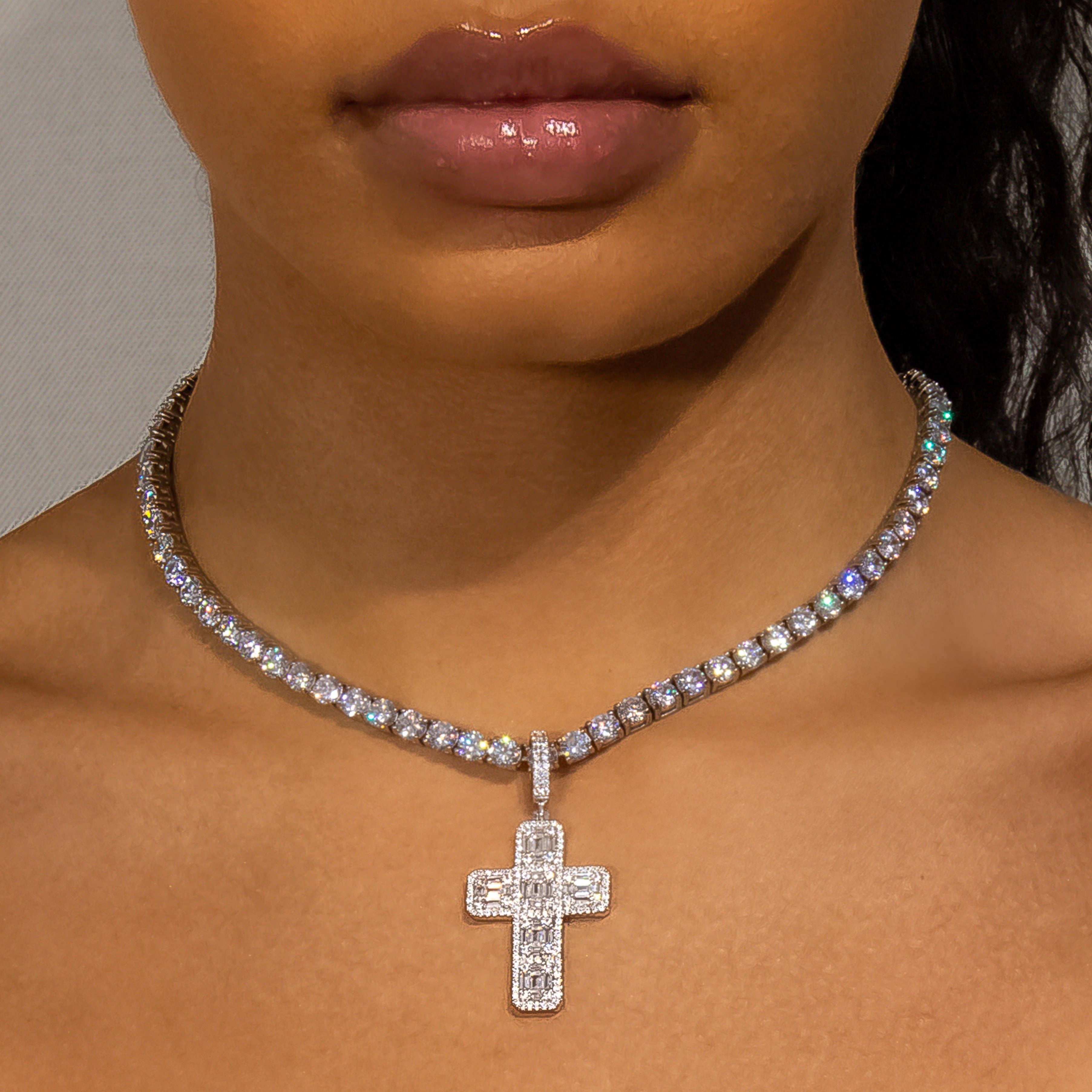 Iced Out Baguette Diamond Cross in White Gold (view 3 of 7) · female-model