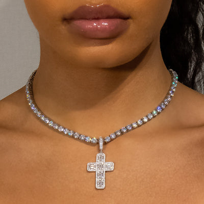 Iced Out Baguette Diamond Cross in White Gold (view 3 of 7) · female-model