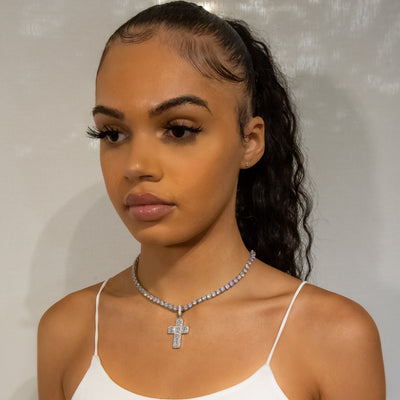 Iced Out Baguette Diamond Cross in White Gold (view 5 of 7) · female-model