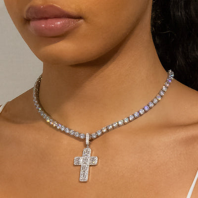 Iced Out Baguette Diamond Cross in White Gold (view 6 of 7) · female-model