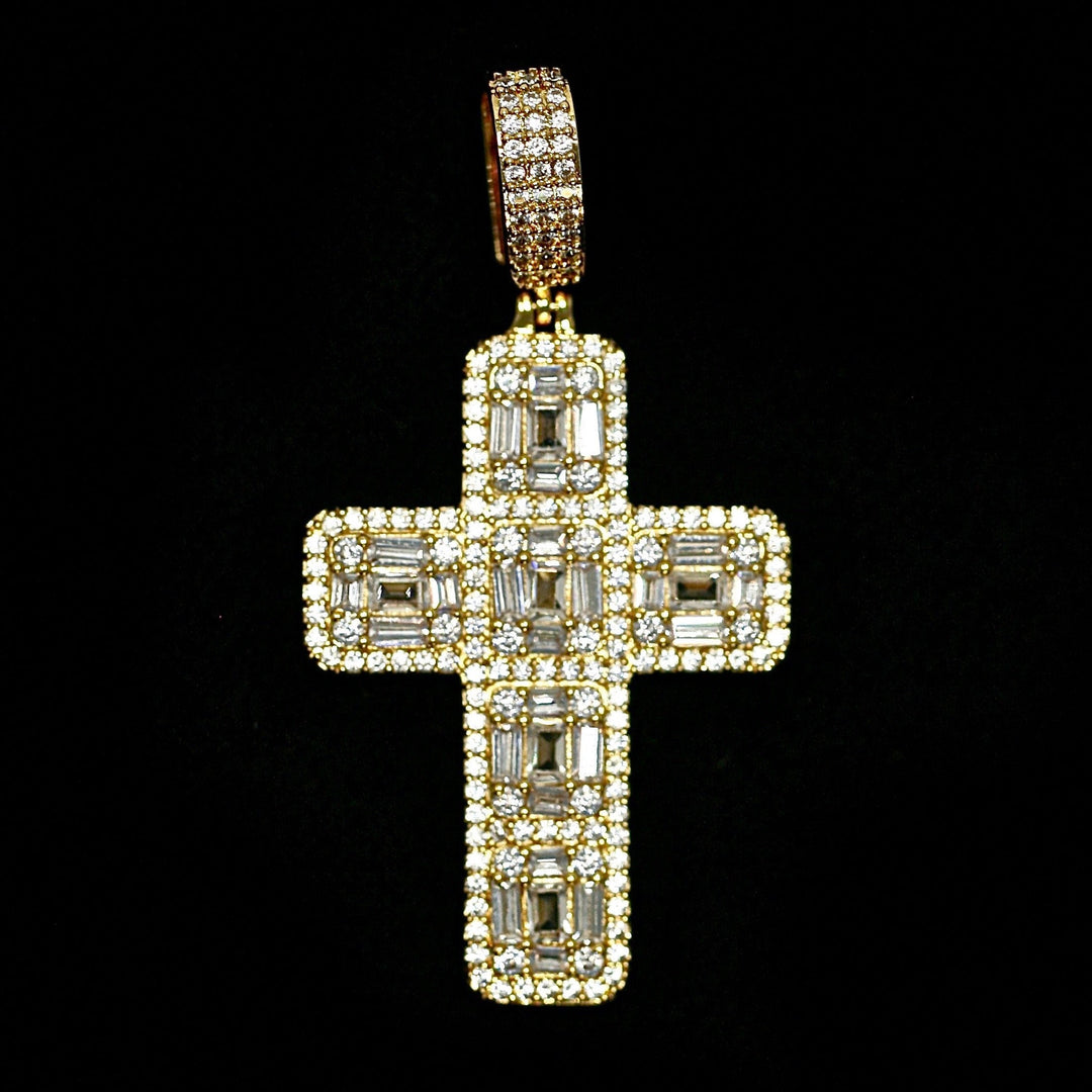 Iced Baguette Diamond Cross in Yellow Gold (view 5 of 6) · female-model