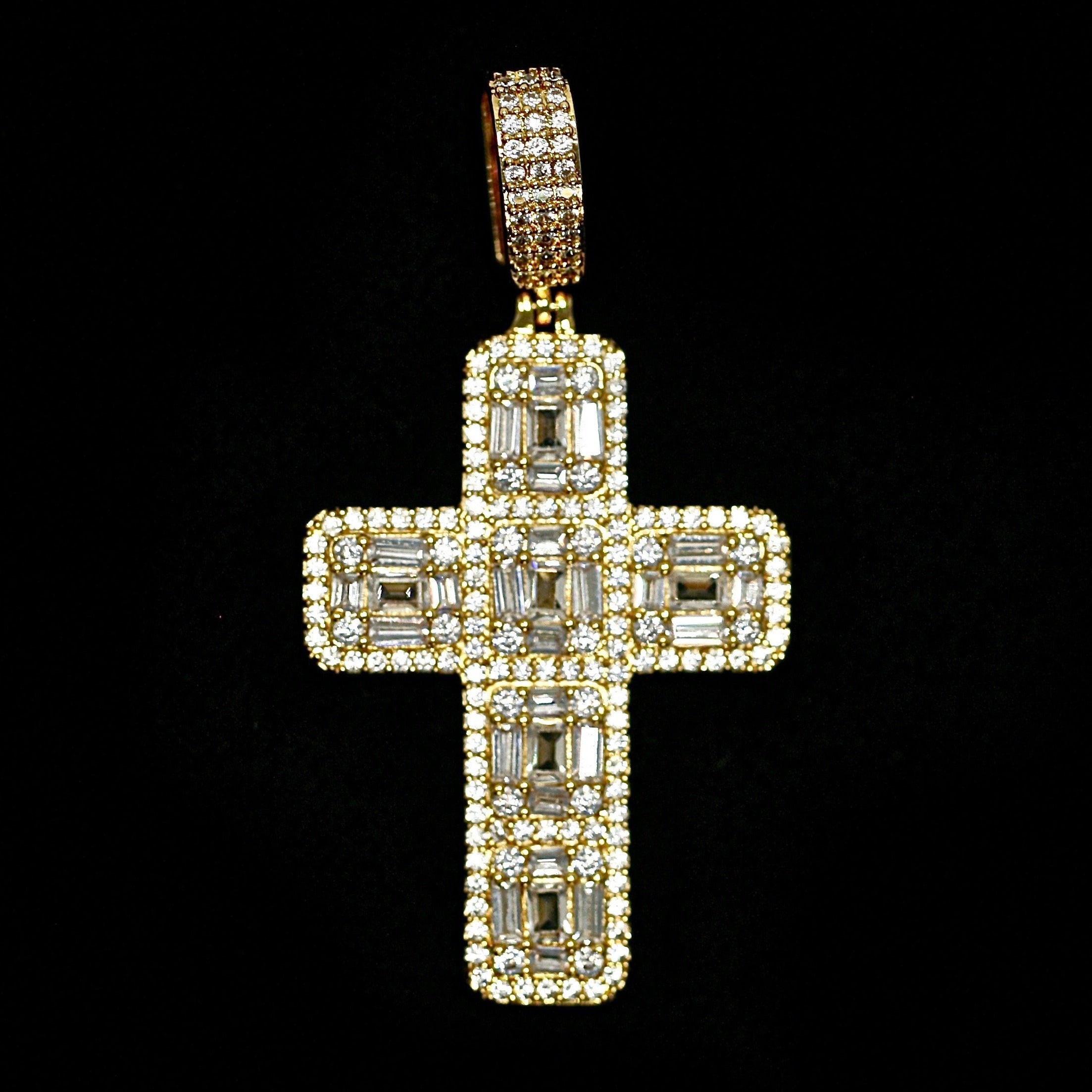 Iced Baguette Diamond Cross in Yellow Gold (view 5 of 6) · female-model