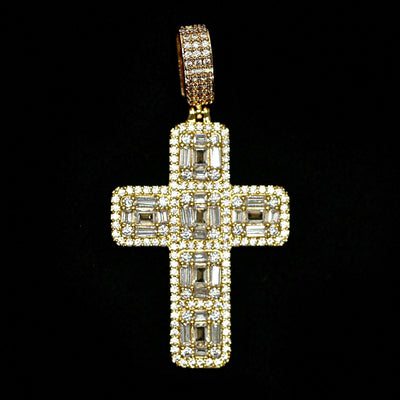 Iced Baguette Diamond Cross in Yellow Gold (view 5 of 6) · female-model