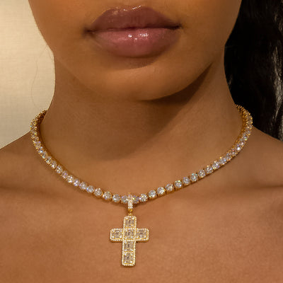 Iced Baguette Diamond Cross in Yellow Gold (view 3 of 6) · female-model
