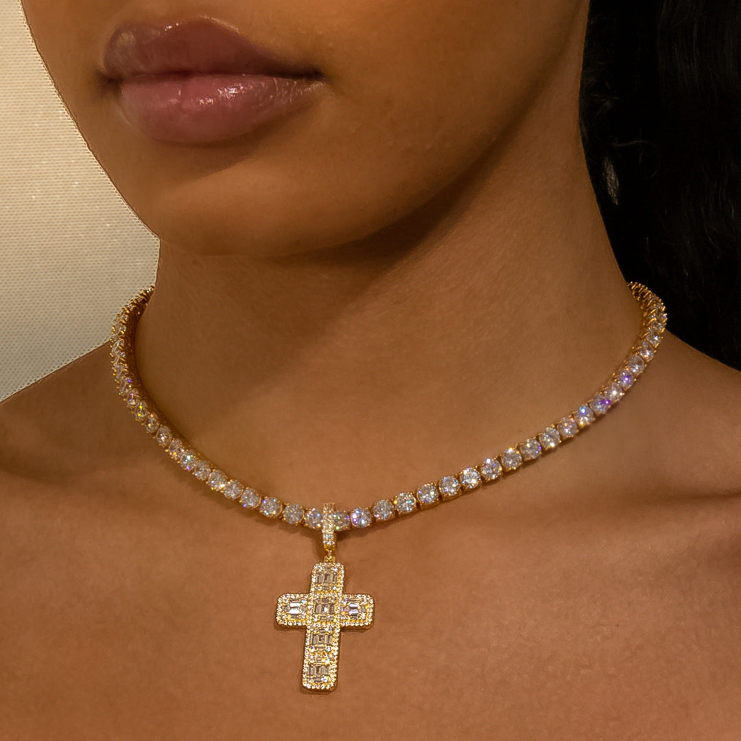 Iced Baguette Diamond Cross in Yellow Gold in 18K Yellow Gold | SKRT® · female-model