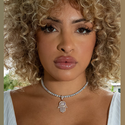 Diamond Baguette Hamsa Hand in 18K Rose Gold - product image · female-model