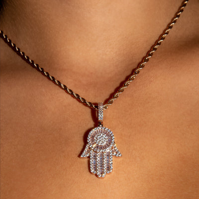 Iced Out Baguette Diamond Hamsa Hand in Rose Gold (view 4 of 6) · female-model