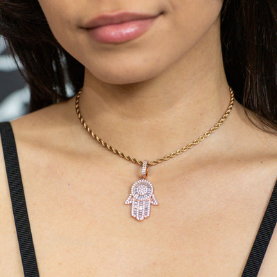 Iced Out Baguette Diamond Hamsa Hand in Rose Gold (view 6 of 6) · female-model