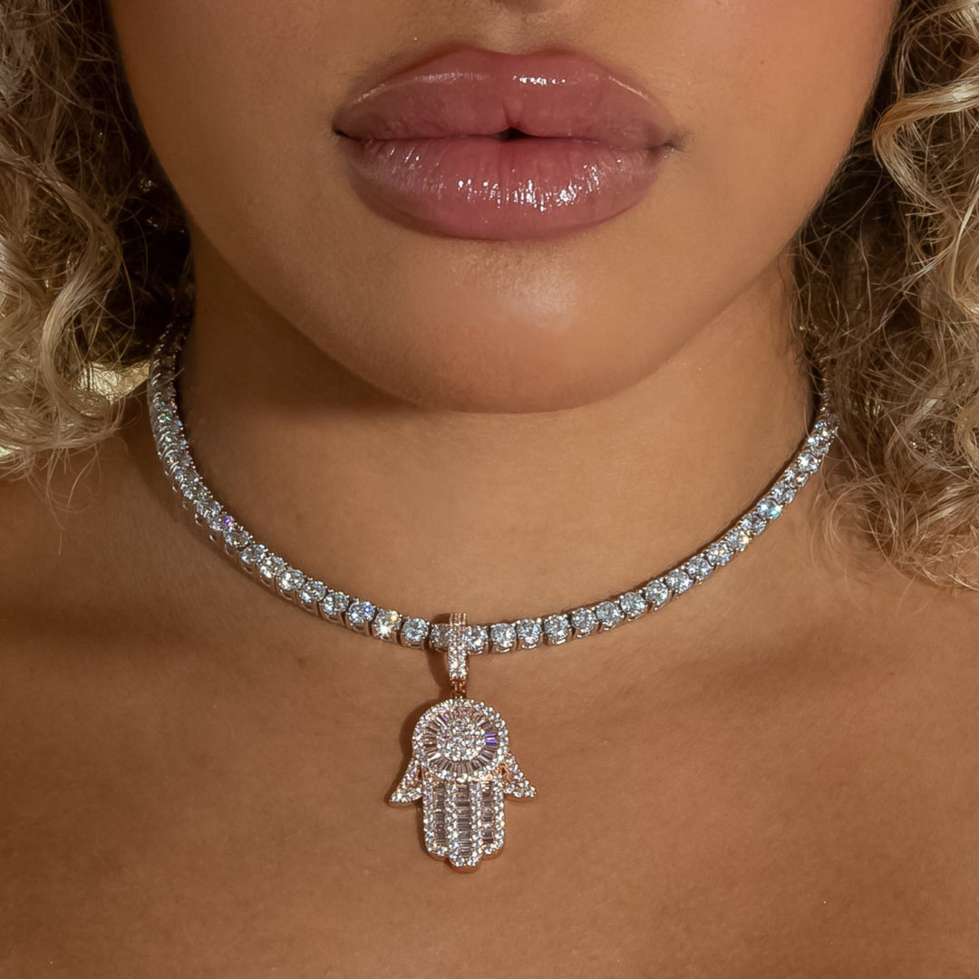 Iced Baguette Diamond Hamsa Hand in Rose Gold | SKRT® · female-model