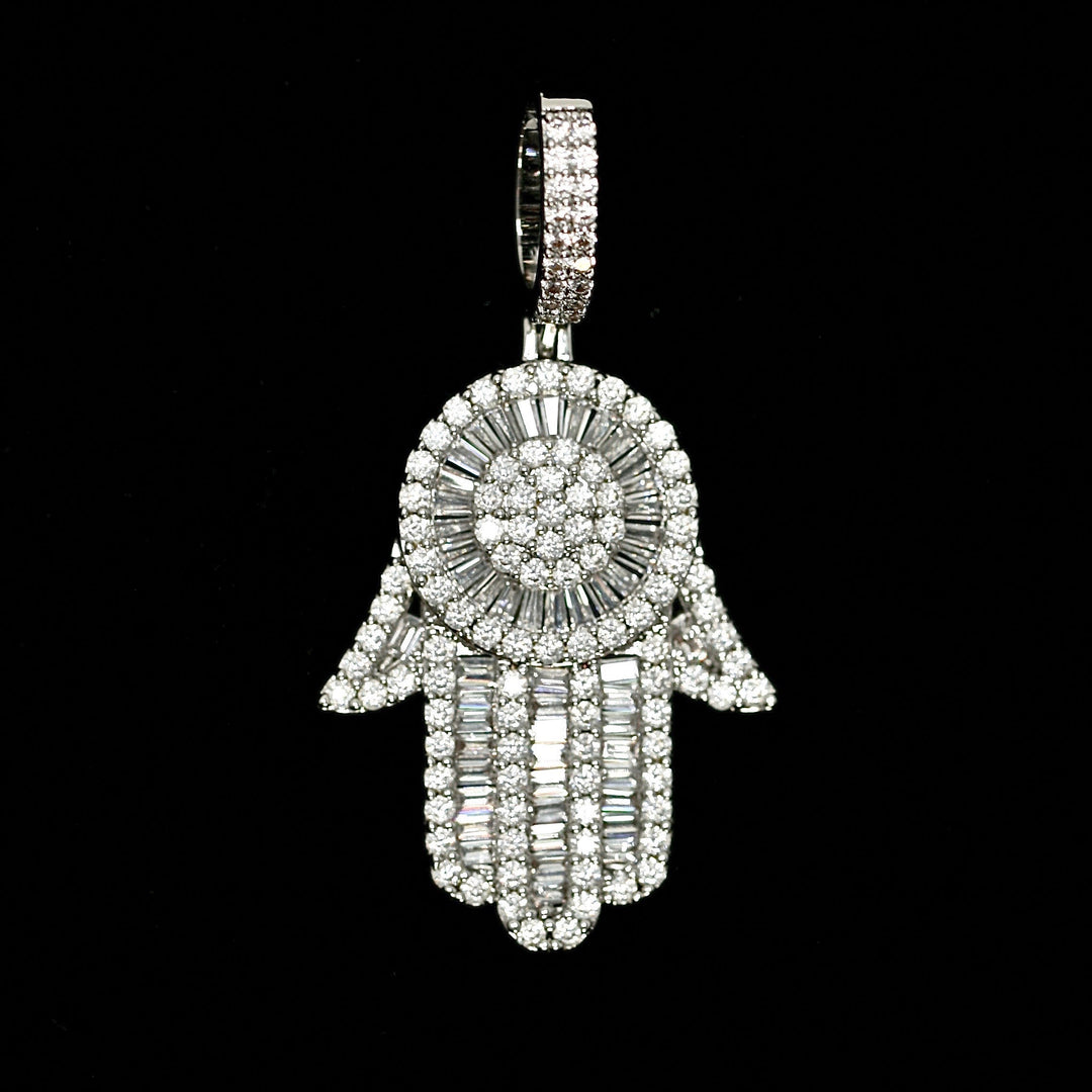 Iced Baguette Diamond Hamsa Hand in White Gold (alternate view) · female-model