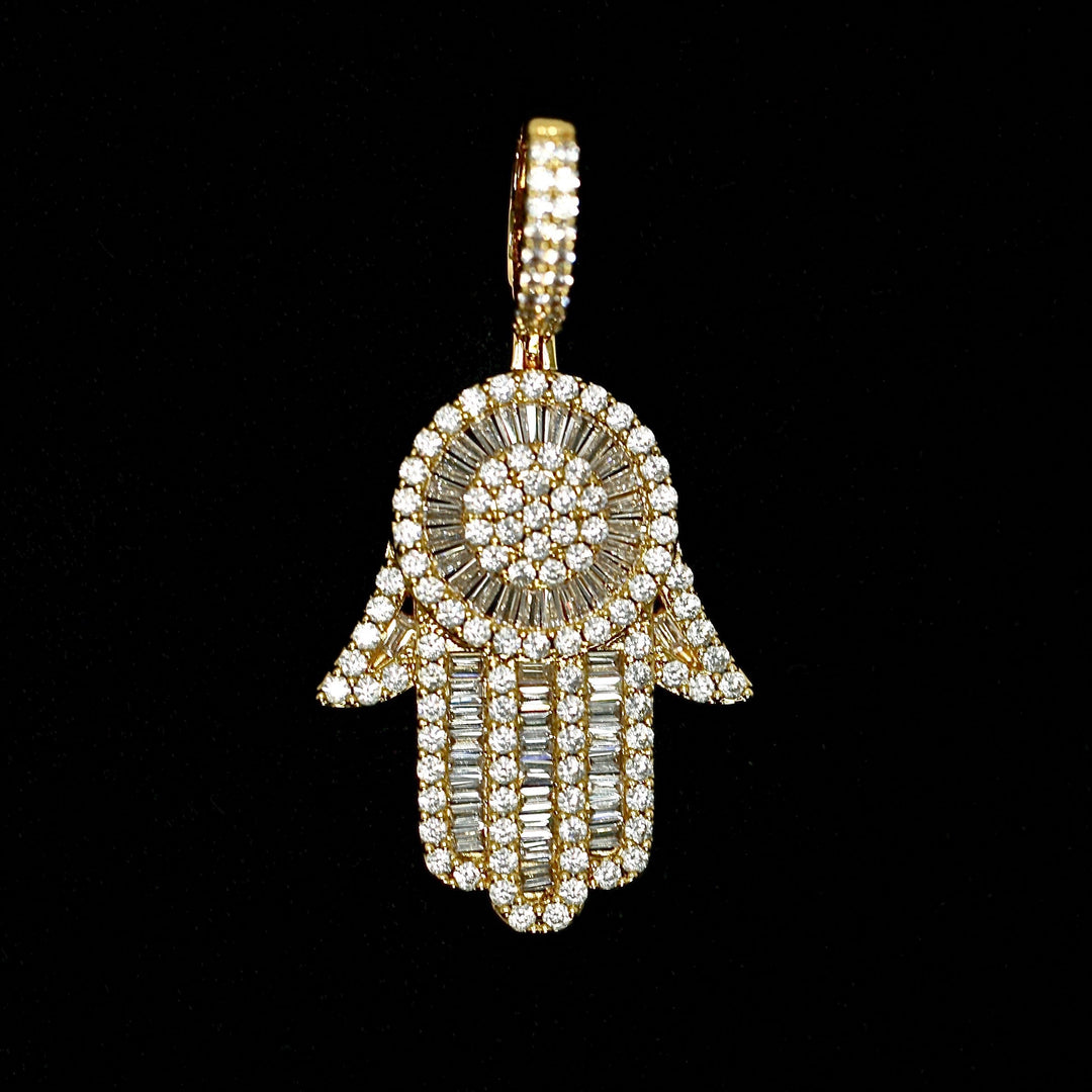 Iced Baguette Diamond Hamsa Hand in Yellow Gold (view 4 of 7) · female-model