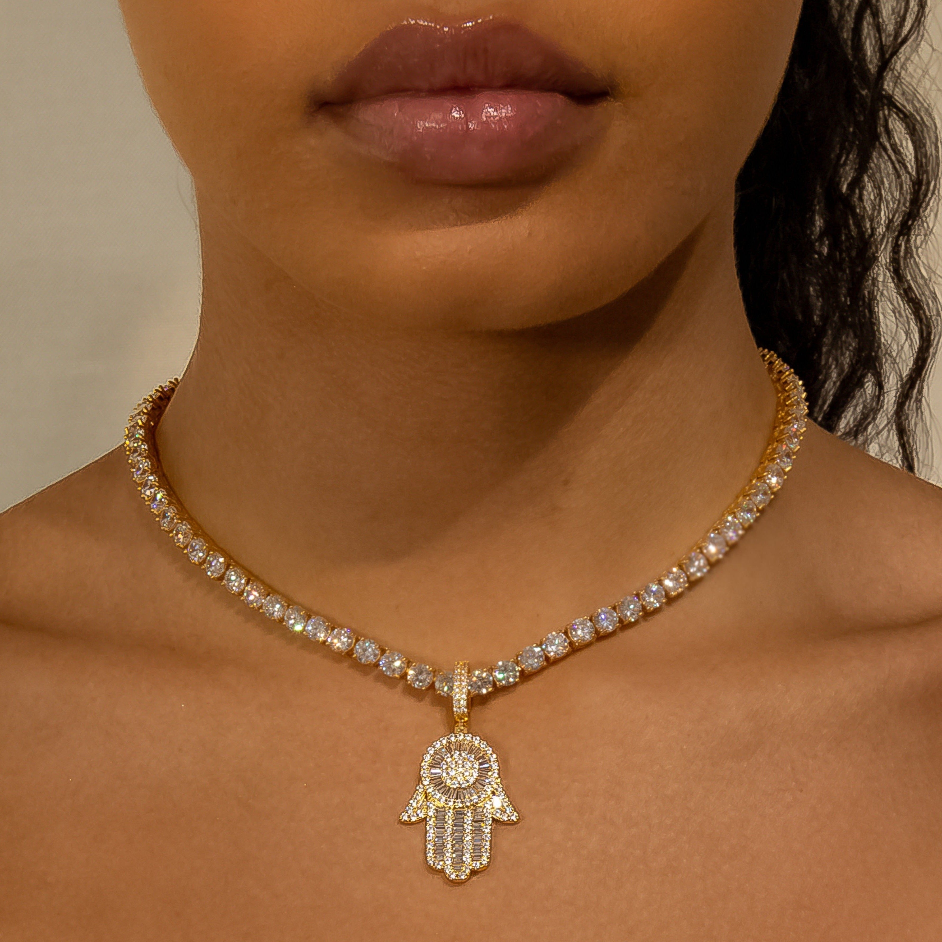 Iced Baguette Diamond Hamsa Hand in Yellow Gold in 18K Yellow Gold | SKRT® · female-model