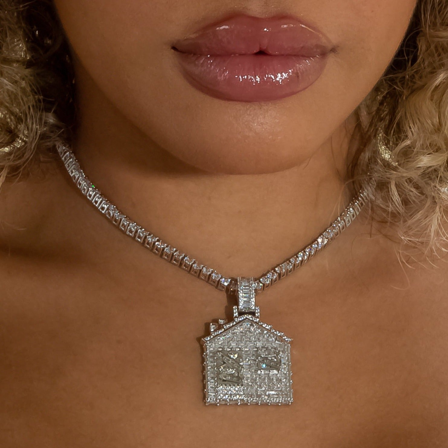 Iced Out Baguette Diamond Trap House - White Gold (view 3 of 7) · female-model