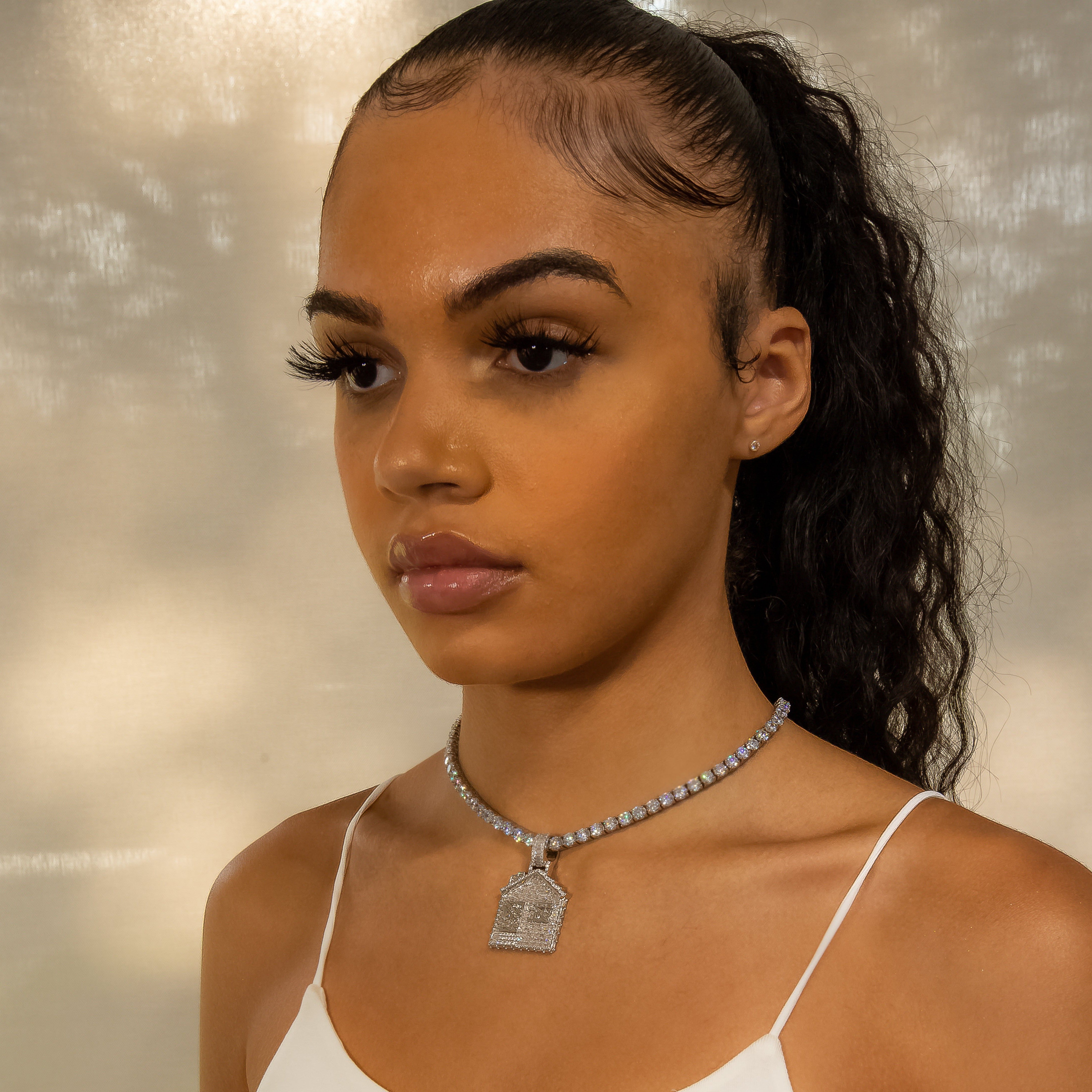 Iced Out Baguette Diamond Trap House - White Gold (view 4 of 7) · female-model