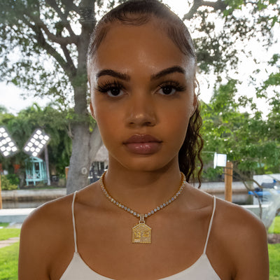 Iced Baguette Diamond Trap House - Yellow Gold (view 2 of 6) · female-model