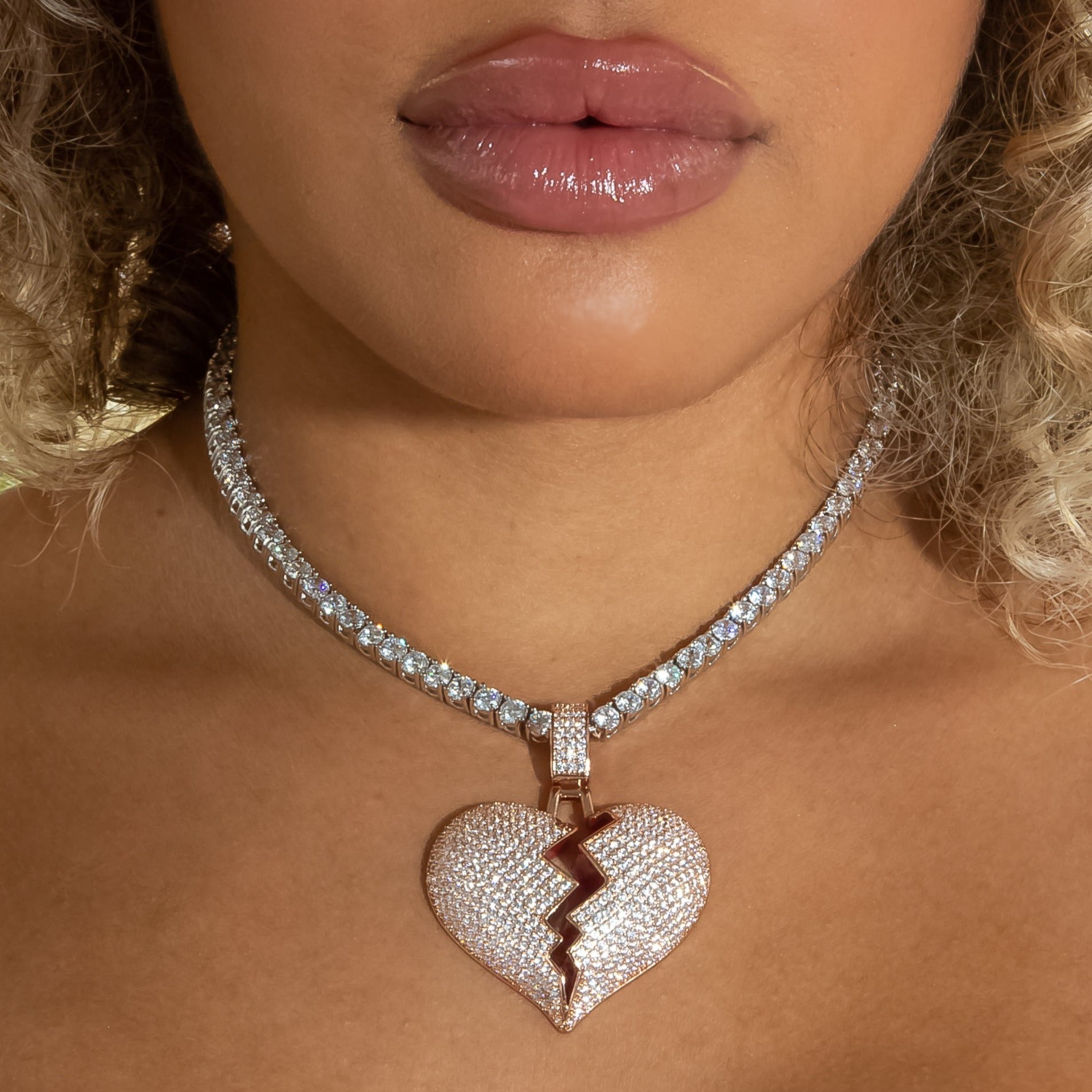 Iced Out Diamond Broken Heart in Rose Gold | SKRT® · female-model