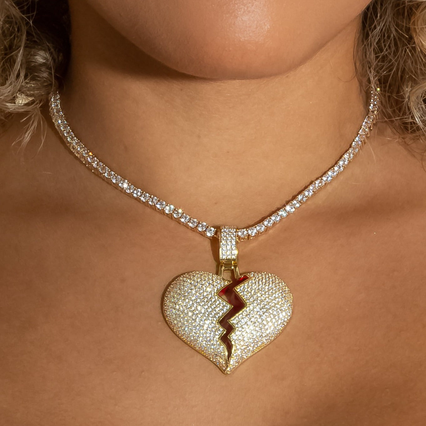 Iced Diamond Broken Heart In Yellow Gold (view 6 of 7) · female-model