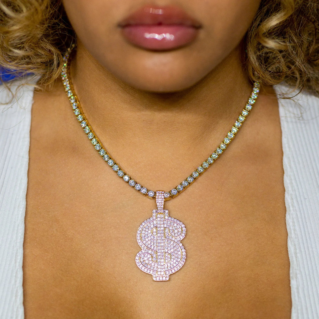 Diamond Dollar Sign in 18K Yellow Gold · female-model