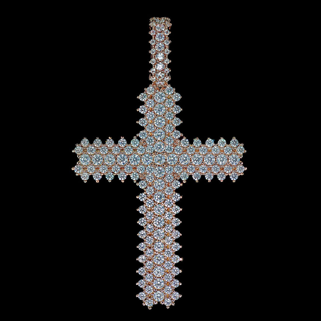 Diamond Flower Set Cross Pendant - 18K Rose Gold · female-model