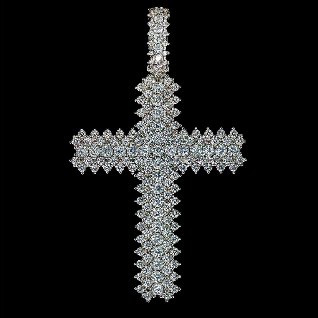 Diamond Flower Set Cross Pendant - 18K White Gold · female-model