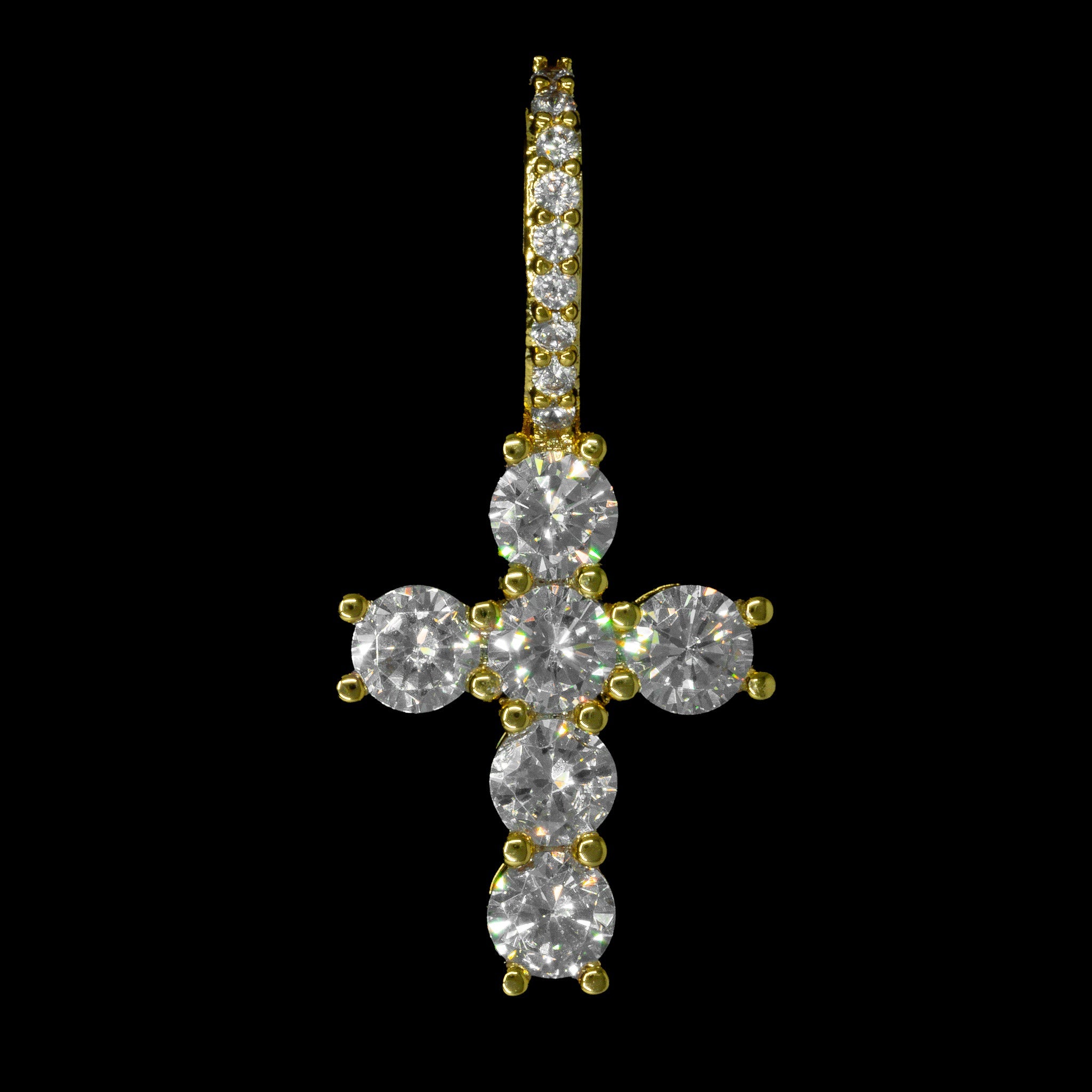 Iced Out Mini Cross in Yellow Gold | SKRT® · female-model