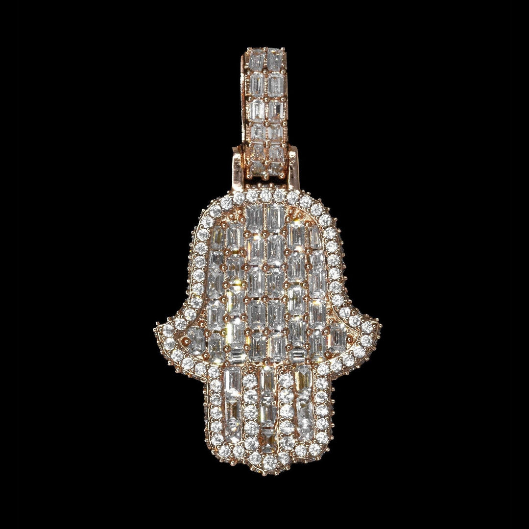 Iced Mini Emerald Hamsa Hand in 18K Rose Gold - product image · female-model