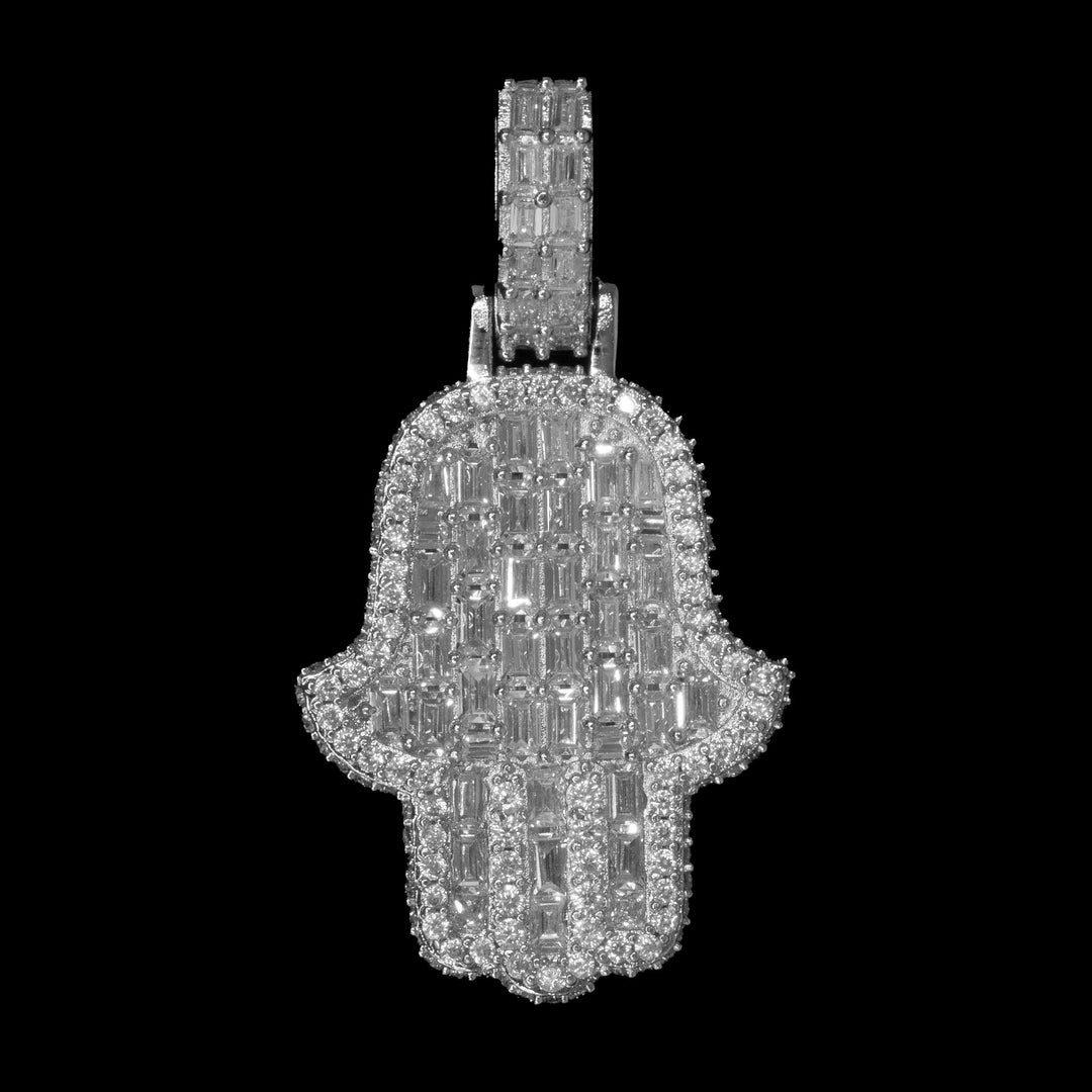 Diamond Mini Emerald Hamsa Hand - 18K White Gold · female-model