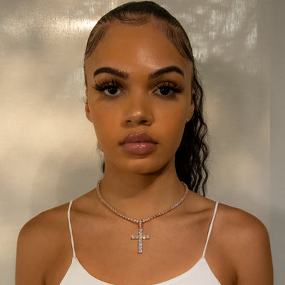 Iced Original Diamond Cross in Rose Gold (view 2 of 4) · female-model