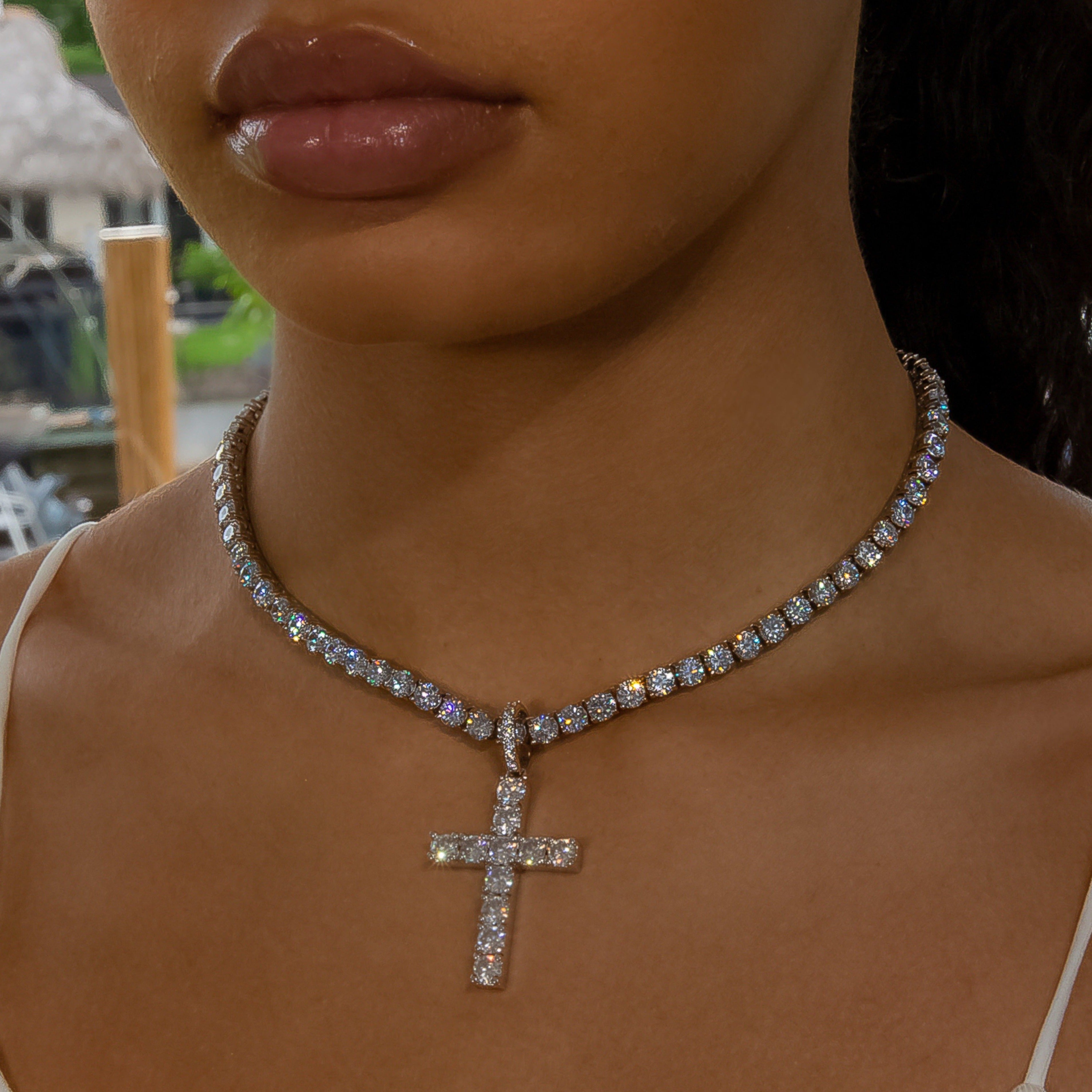 Iced Diamond Original Cross in White Gold | SKRT® · female-model