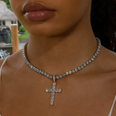 Iced Diamond Original Cross in White Gold | SKRT® · female-model