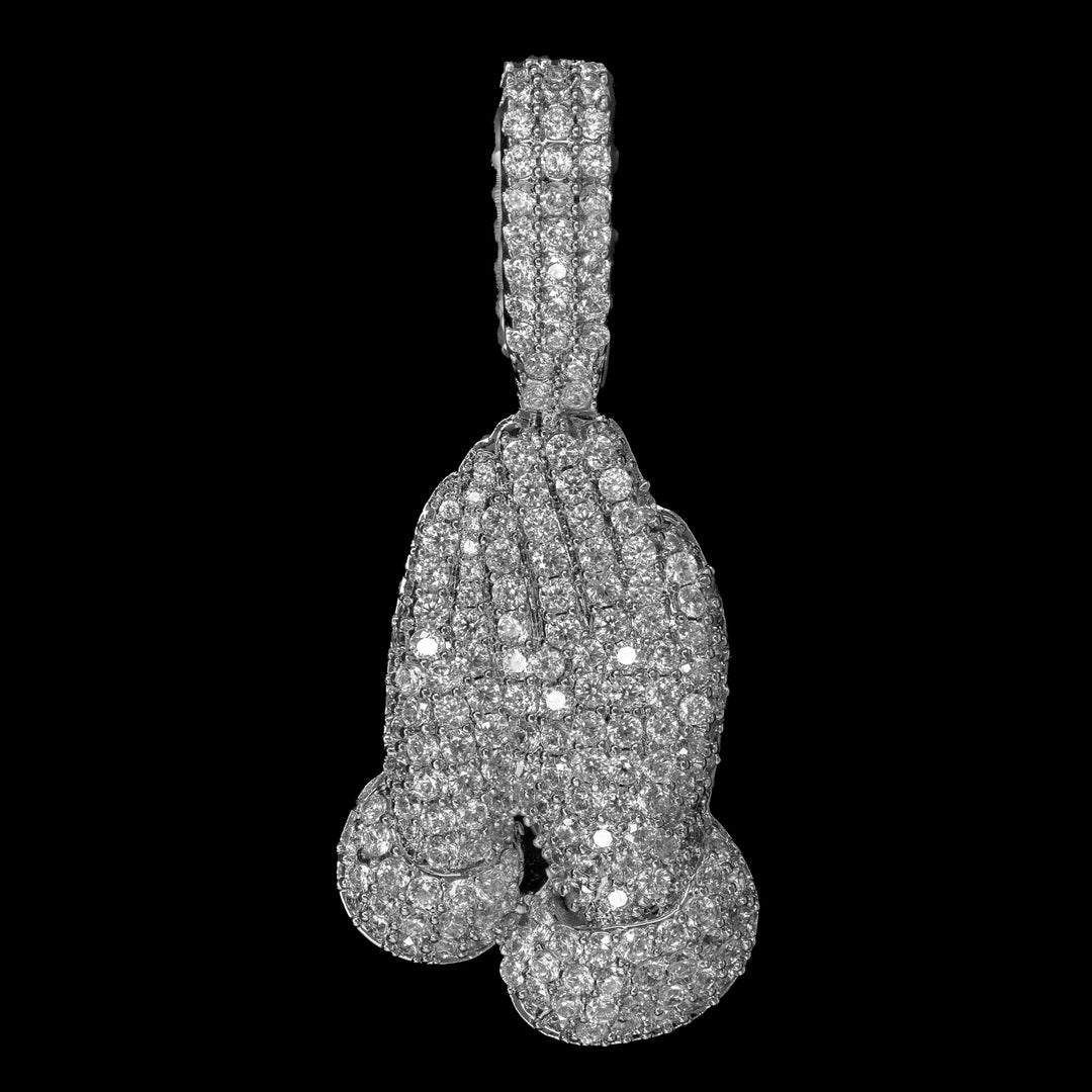 Diamond Praying Hands Pendant in 18K White Gold (studio) · female-model