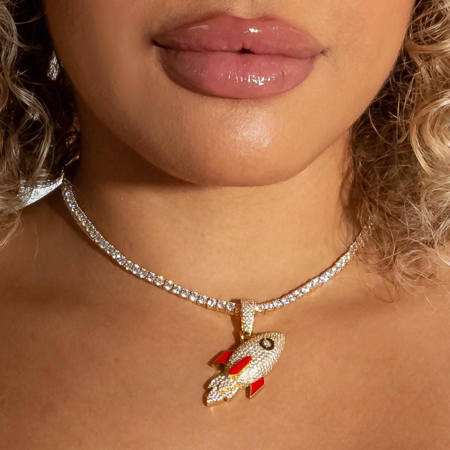 Iced Out Diamond Rocket in Yellow Gold (view 3 of 4) · female-model