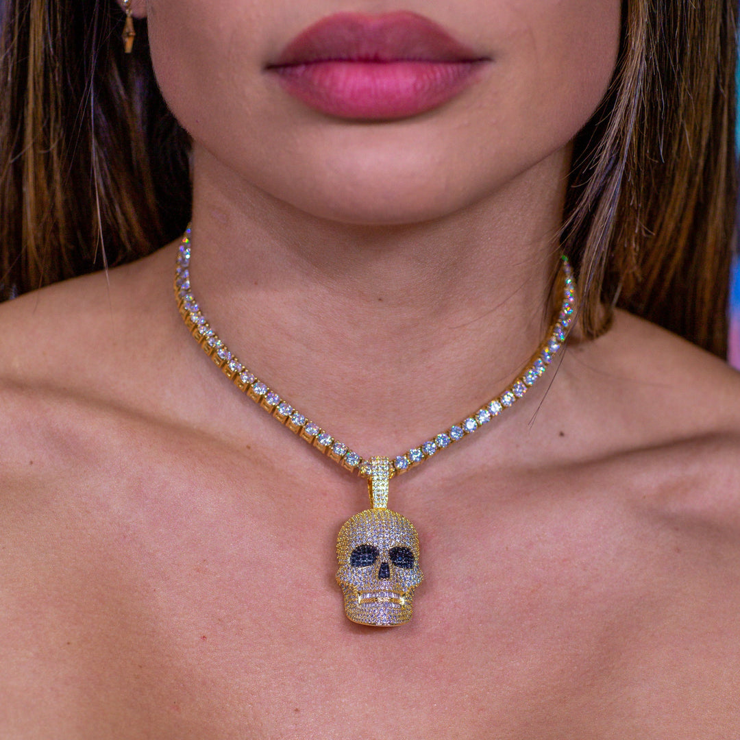 Diamond Skull Pendant - 18K Yellow Gold · female-model