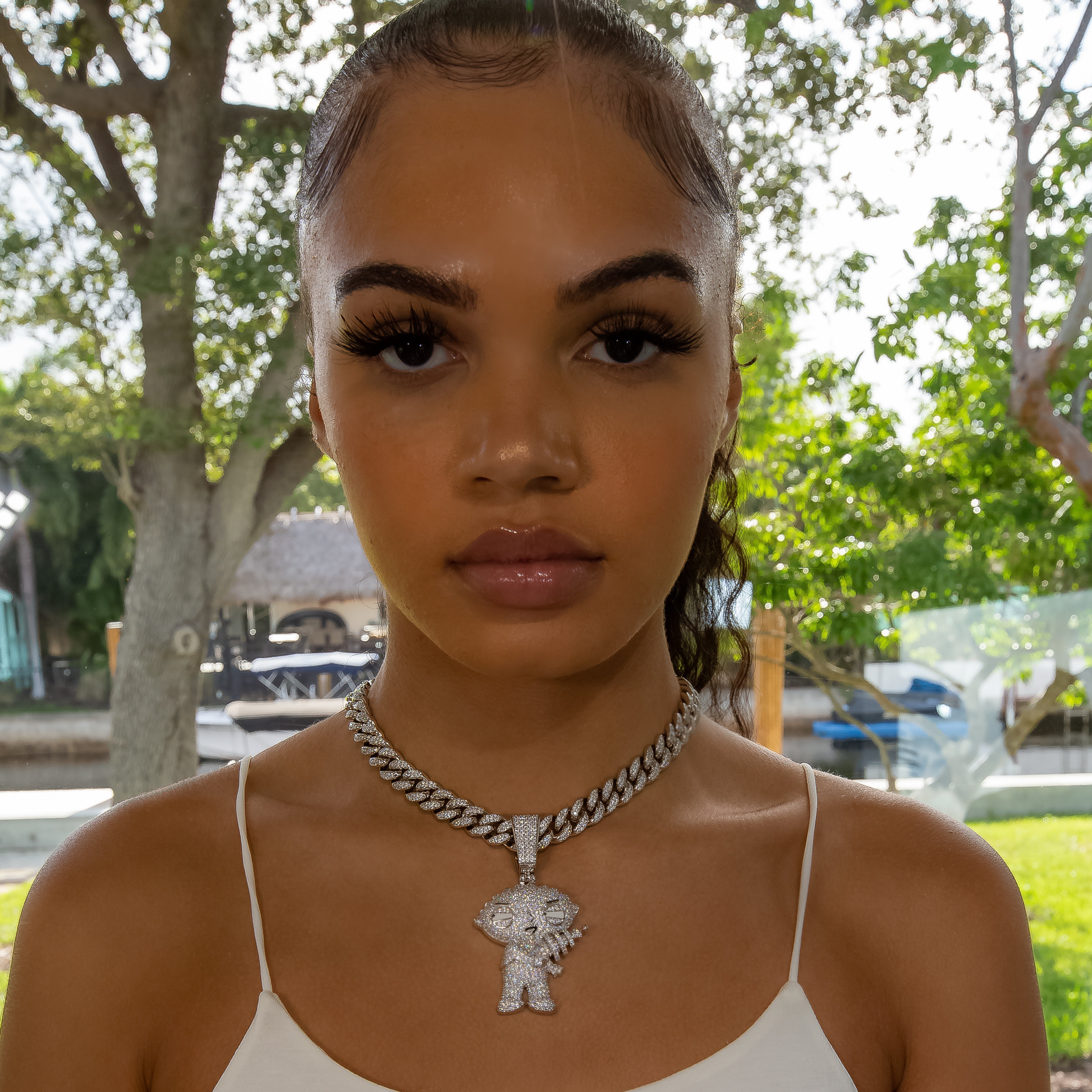 Diamond Stewie Pendant - 18K White Gold · female-model