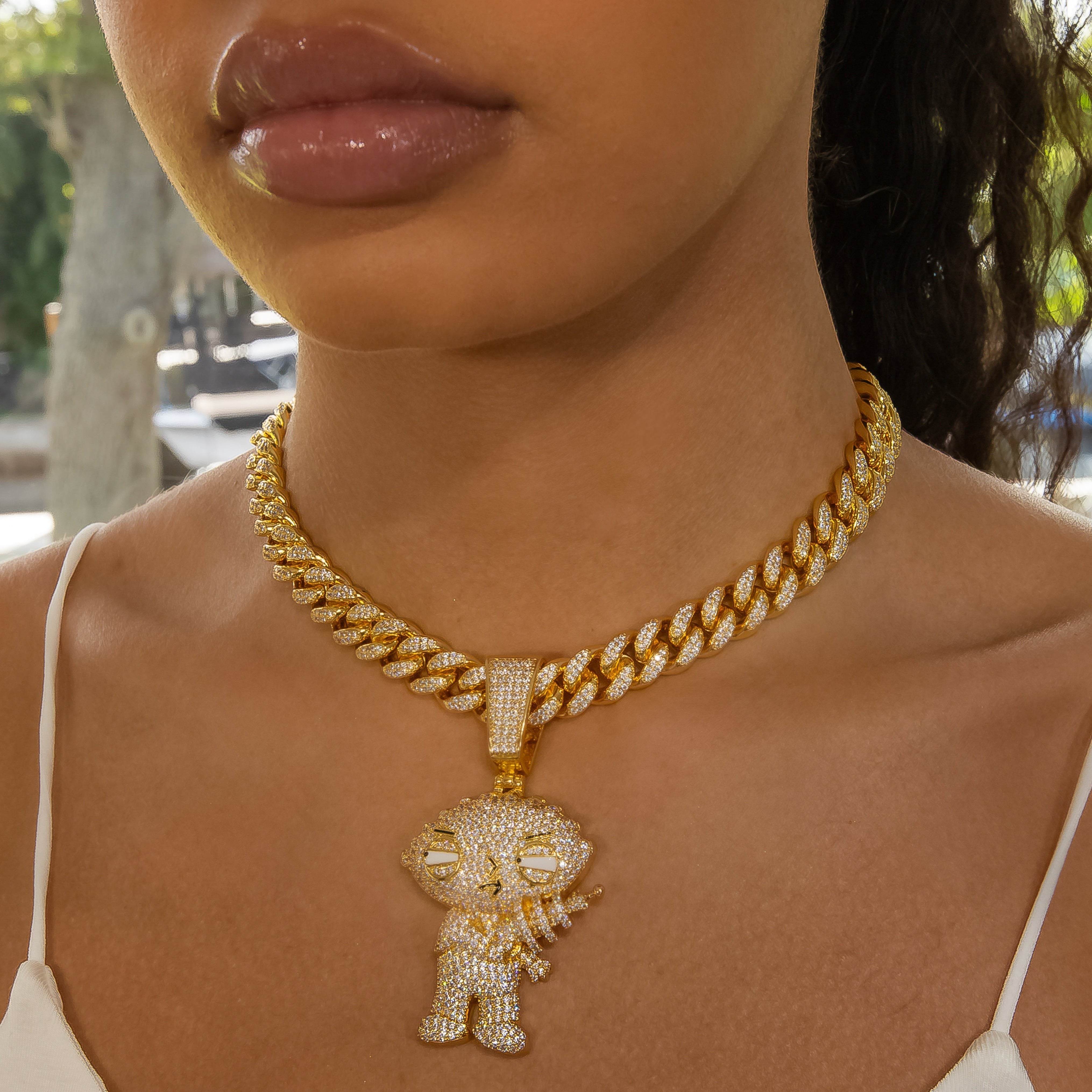 Diamond Stewie Pendant - 18K Yellow Gold · female-model