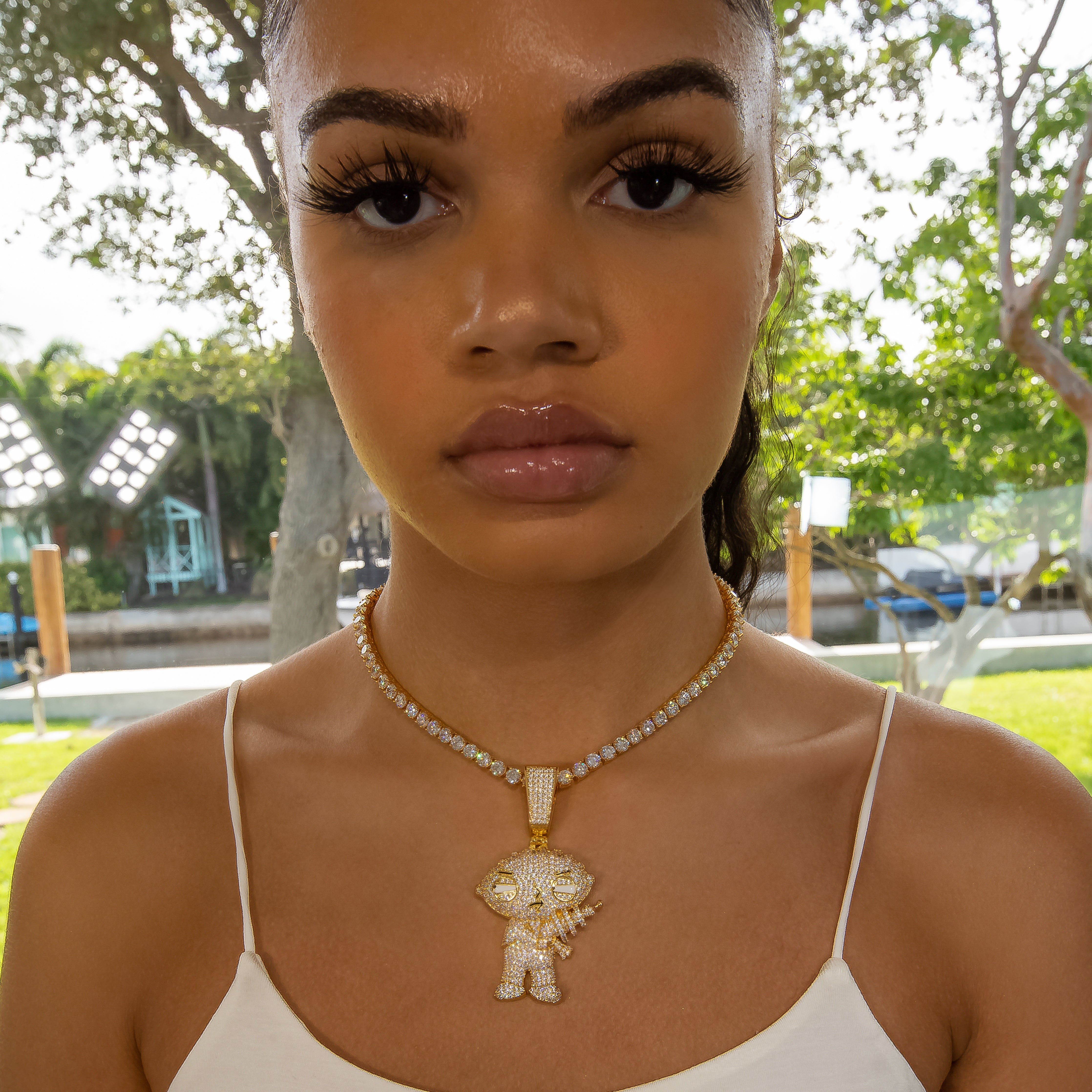 Diamond Stewie Pendant - 18K Yellow Gold · female-model