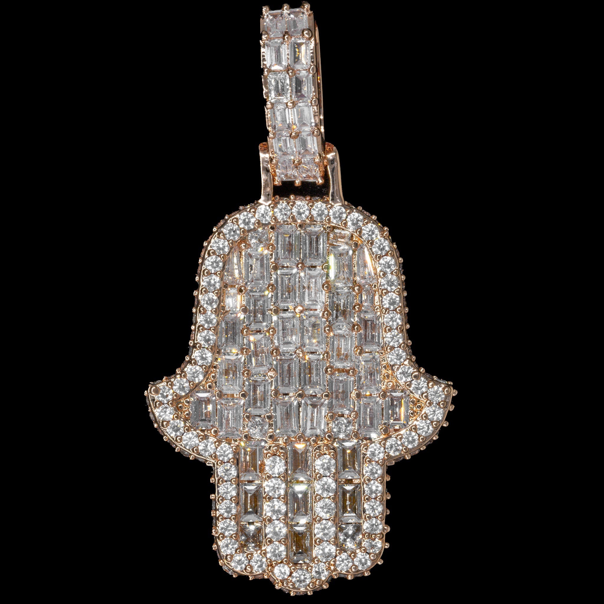 Iced Out Emerald Hamsa Hand in Rose Gold