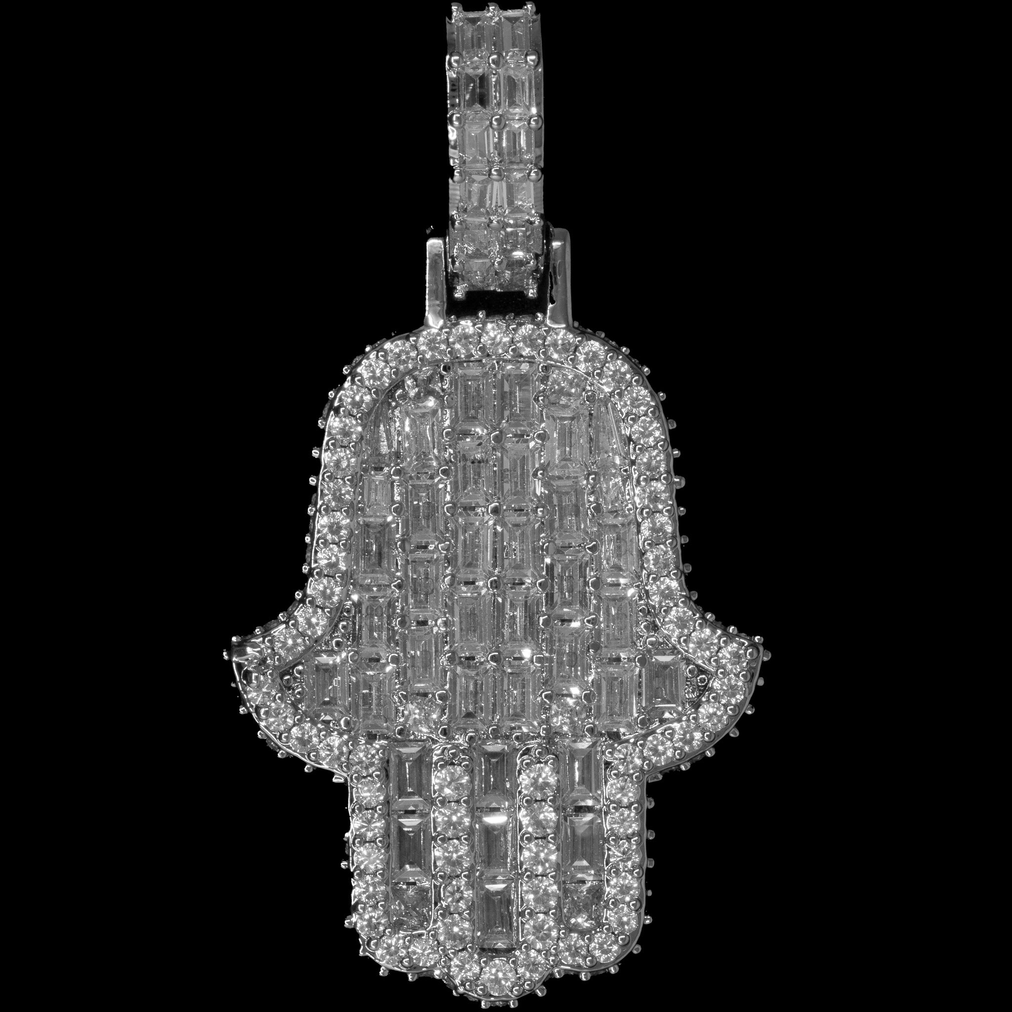 Iced Out Emerald Hamsa Hand in White Gold