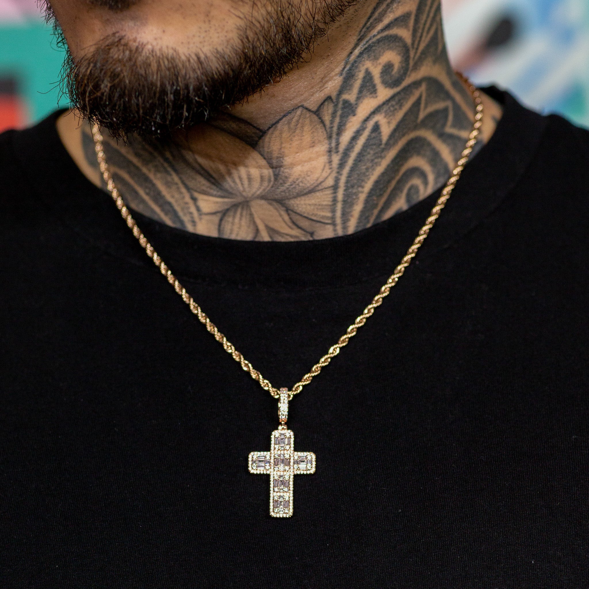 Iced Baguette Cross in Rose Gold | SKRT® · male-model