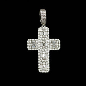 Iced Baguette Cross Pendant in White Gold